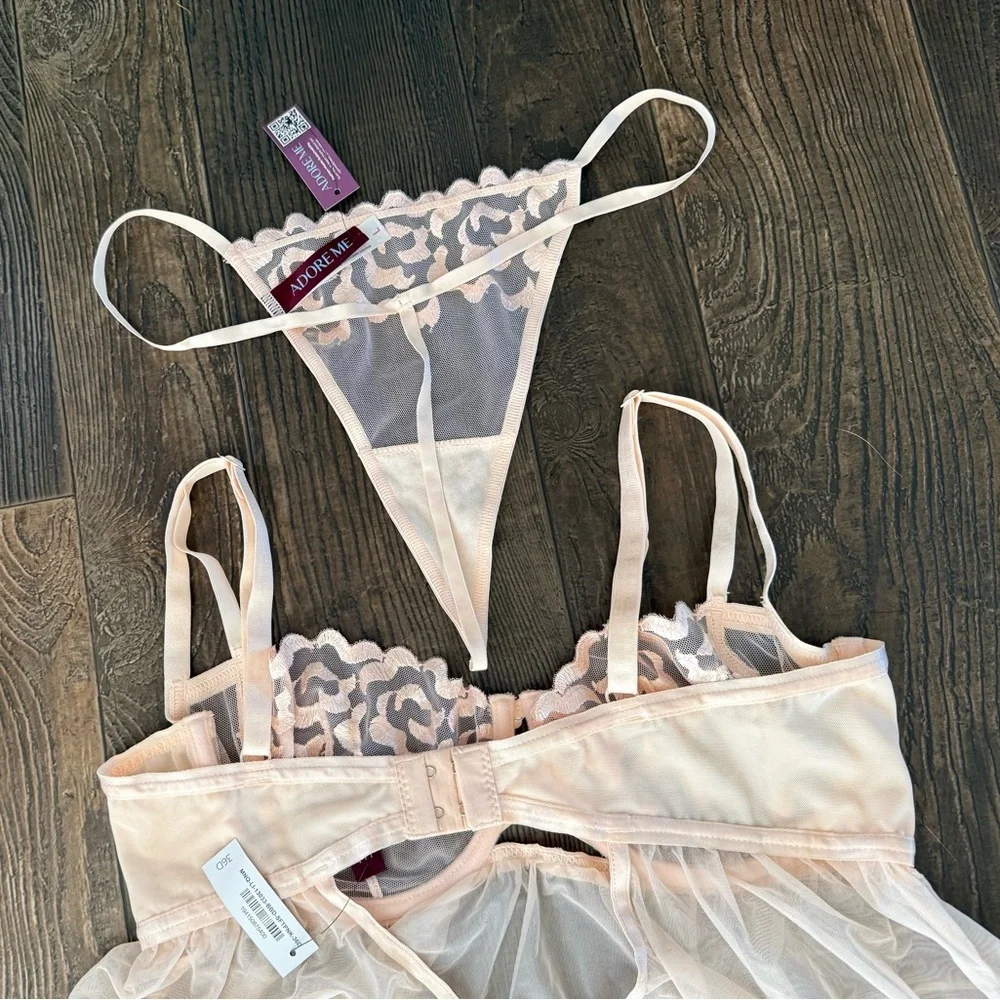 Adore Me Sheer Mesh Babydoll & Thong Lingerie Set Large NWT